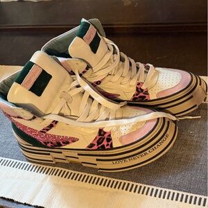 Rebecca White Pink and White High-Top Sneakers